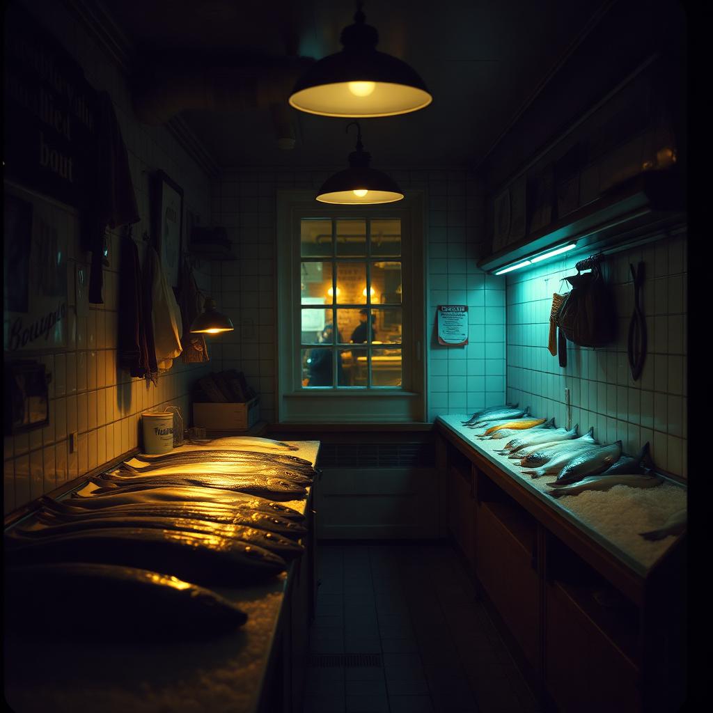 Fishmonger counter at dusk, whole fish on crushed ice