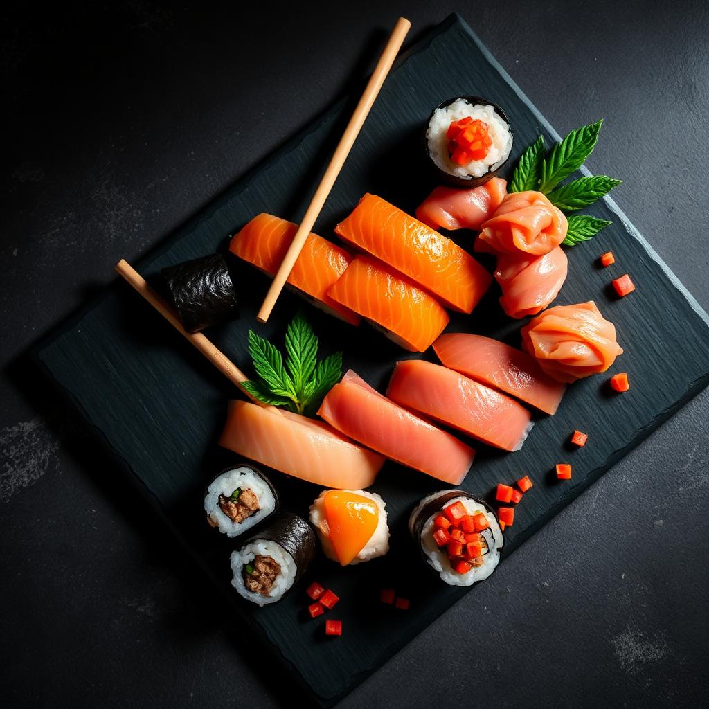 Overhead platter of nigiri, sashimi and hand rolls